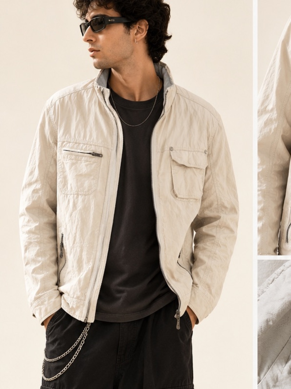 Y2K Utility Zip Windbreaker Crinkled Mesh Pockets Lined Archive Style Cream Sz L